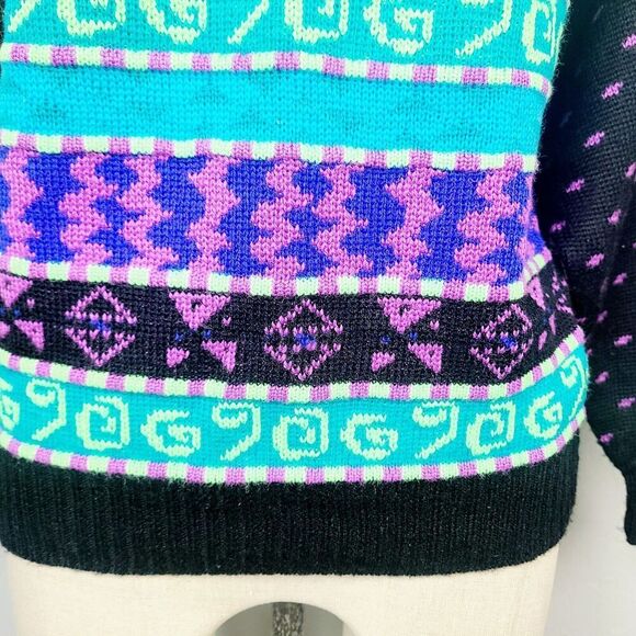 Vintage Demetre Ski Sweater S Black Fluorescent Multi Wool Blend Knit Mock Neck - Picture 3 of 7